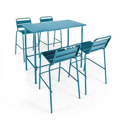 Hochbartisch-Stuhl und 4 Barhocker aus blauem Pazifik-Metall