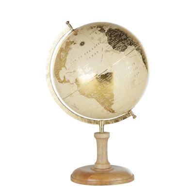 Globus mit Weltkarte, beige und goldfarben, mit Fuß aus Mangoholz