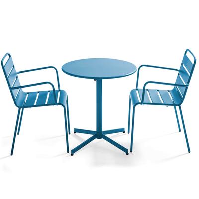 Runder, klappbarer Gartentisch aus Metall und 2 Sessel Pacifique blau