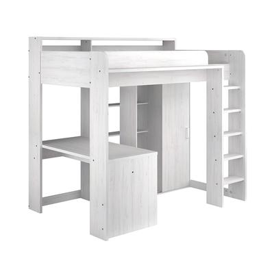 Mezzaninbett in weiß mit Schreibtisch und Stauraum 90x200 cm