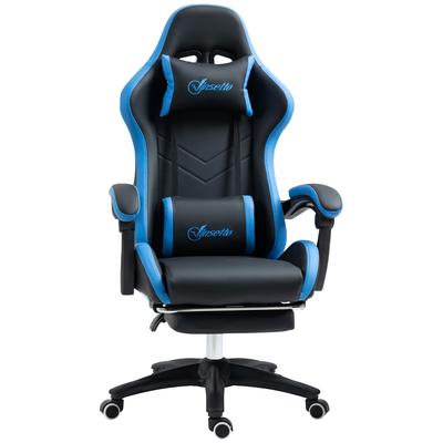 Gaming Stuhl mit Lendenkissen, Kopf- und Fußstütze, Schwarz+Blau