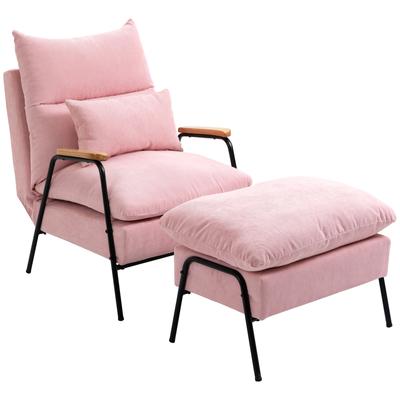 Ohrensessel mit Hocker, Relaxsessel mit Liegefunktion, Kissen, Rosa