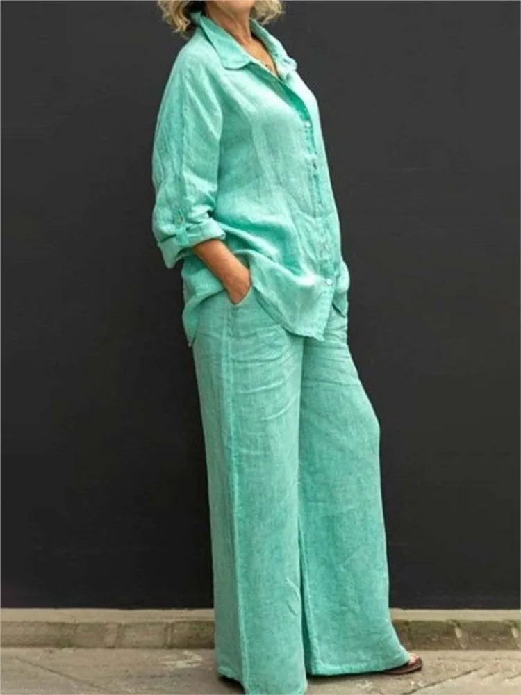 Einfarbig Baumwolle Leinen Hemd 2-teiliges Set Für Frauen Frühling Herbst Langarm Bluse Breite Bein Hosen Anzüge Weibliche Casual Outfits Image