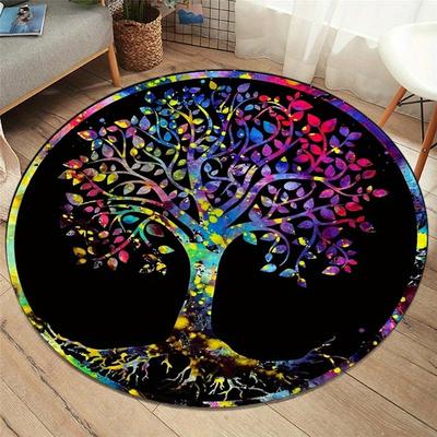 TEMU 800g/m2 Crystal Velvet Colorful Life Tree Round Carpet Tree Painting Pattern Rug For Living Room Bedroom Sofa Kitchen Entrance Non-slip Area Rug Home Decor Image