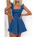 Damen Jeanskleider Minikleid Denim Rüsche Rückenfrei Verabredung Urlaub Strassenmode Basic Spaghetti-Träger Ärmellos Blau Leicht Blau Farbe
