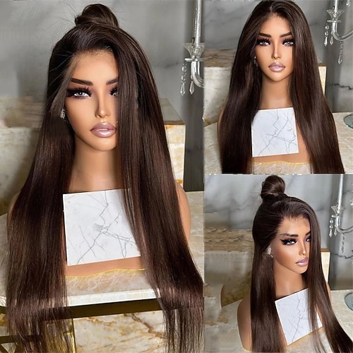 Remy Menschenhaar 13x4 Spitzenfront Perücke Freier Teil Brasilianisches Haar Seidig gerade Rotbraun Perücke 130% 150% Haardichte mit Babyhaar Natürlicher Haaransatz 100% Jungfrau Vorgerupft Für Damen Image