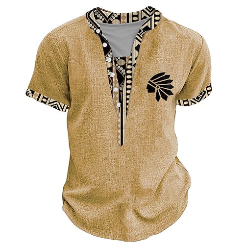 Herren Stammes Bandana-Print T Shirt Henley Hemd Kurzarm 3D-Druck Designer Ethnisch Urlaub Lässig Täglich Sommer Frühling Gelb Grün Khaki Henley Henley T-Shirt Image