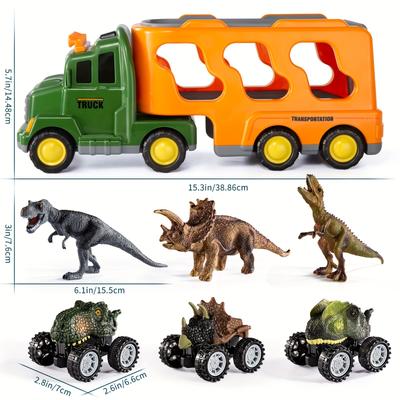 Dinosaurs & Truck Toys Transport Car With 3 Dino Figures & 3 Monster Cars, Friction Toy Vehicle In Carrier Truck With Light & Sound, Play Gift Set
