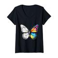 Damen Bunter Schmetterling im Kunstwerk-Design T-Shirt mit V-Ausschnitt