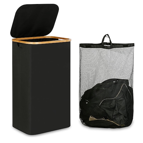 100l Wäschekorb mit Deckel, Wäschesammler für Wäsche mit Bambusgriffen und einem herausnehmbaren Wäschesack, großer faltbarer Wäschekorb für Schlafzimmer, Badezimmer, Wohnheim, Wäsche Image