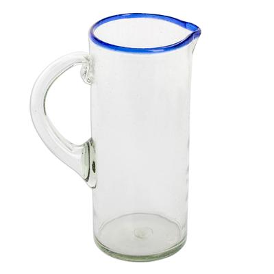 Clear Waters,'Handblown Recycled Glass Cylindrical Pitcher with Blue Rim'