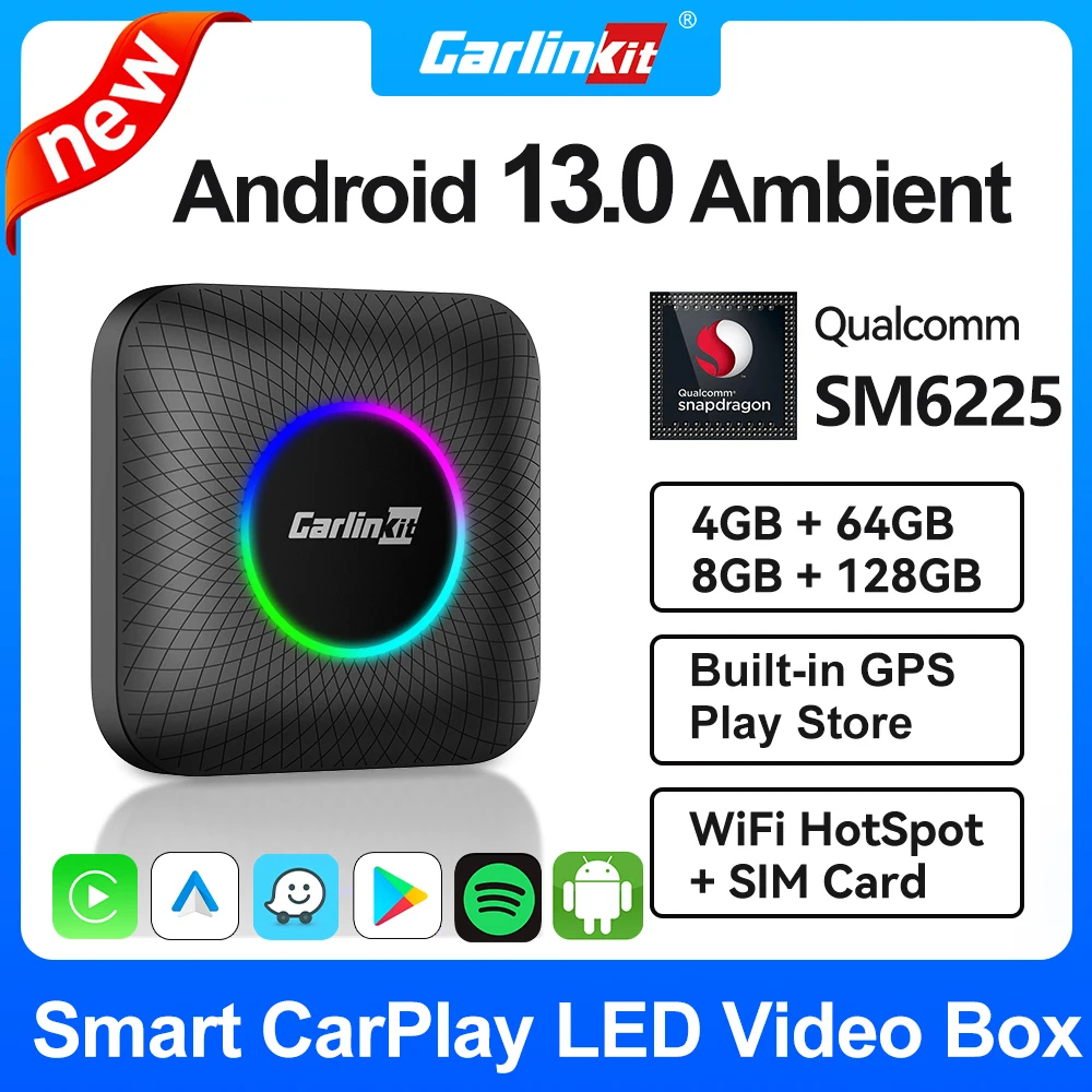 CarlinKit Smart CarPlay AI Box Android 13 LED 8GB+128GB 4GB+64GB SM6225 SDM660 8-Core Wireless Android Auto Android TV Box GPS Für Netflix IPTV FOTA Upgrade Image