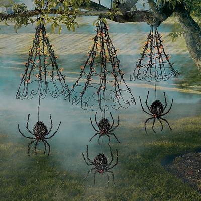 Pre-Lit Hanging Spiders With Web, Set Of Three - Grandin Road