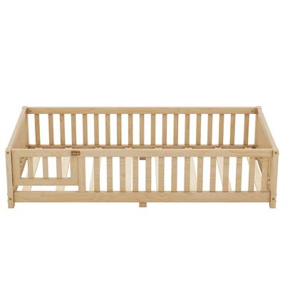 Twin Size Bed Floor Bed with Safety Guardrails and Door for Kids, Natural