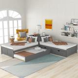 Double Twin Size Solid Pine Wood L-shaped Platform Bed with Convertible Trundle and Drawers, Built-in Desk
