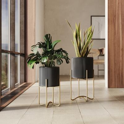 Everett Black Indoor Metal Pot Planter With Ambrose Gold Metal Base Set - 16.25"H x 9.25"W x 9.25"D