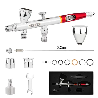 NEOECO 0.2MM Dual Action Gravity Feed Airbrush With 2cc 9cc Fluid Cup Inwards Crown Needle Cap, O