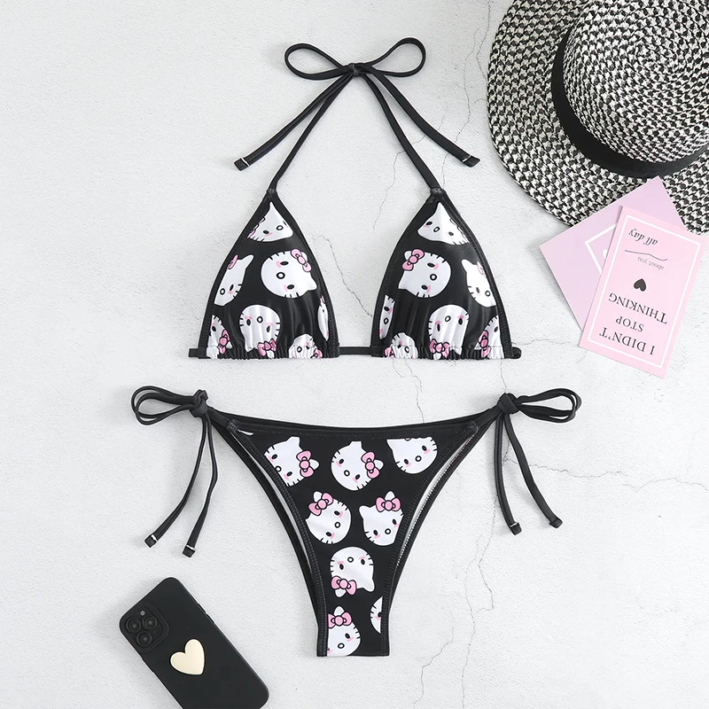 Sanrio süße Cartoon Kawaii Hello Kitty Bikini Set Y2k Anime Sommer Strand weiche Seite Riemchen Höschen Sexy Bikini Kawaii Badeanzug