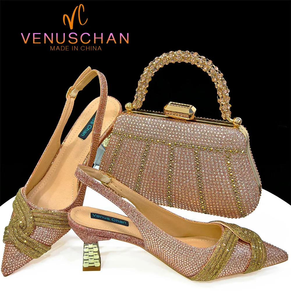 Venus Chan-Nigerian Heel Party für Damen, Schuhe und Taschen-Set, Champagnerfarben, Strass-Handtasche, italienisches Design, Hochzeit, INS 2024