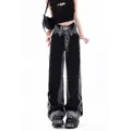 Jean Taille Haute à Jambes Larges pour Femme Pantalon Noir Délavé Dégradé Style Américain Y2K