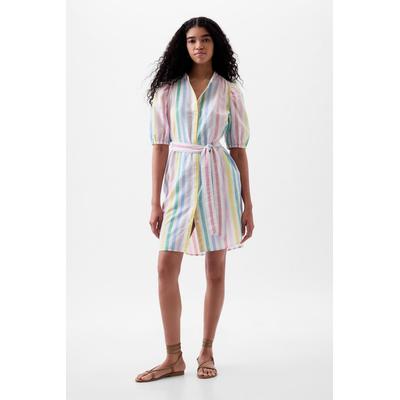 Gap Womens White Rainbow Linen Blend Short Puff Sleeve Mini Shirt Dress - White Rainbow