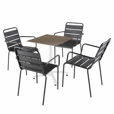 Tisch 60x60 cm kippbar taupe und 4 graue Metallstühle