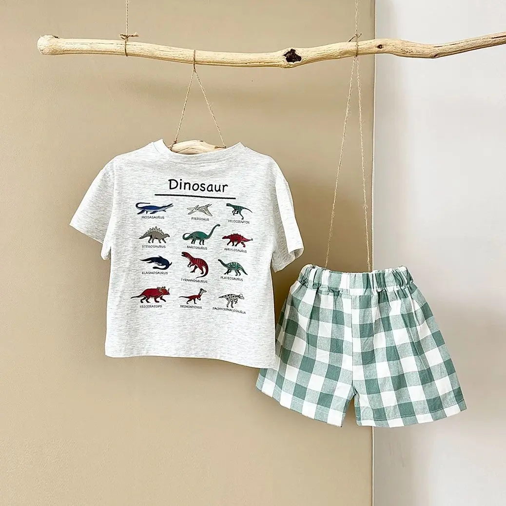 2024 sommer Säuglings Baumwolle Kurzen Ärmeln + Shorts Kinder Dinosaurier Set Gedruckt Jungen Mädchen Casual Überprüfen Neugeborenen Kleidung Image