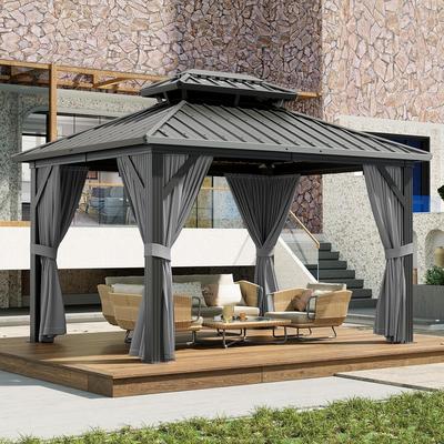 Hardtop Double Roof Canopy with Netting and Curtains, Outdoor Gazebo Galvanized Iron Aluminum Frame