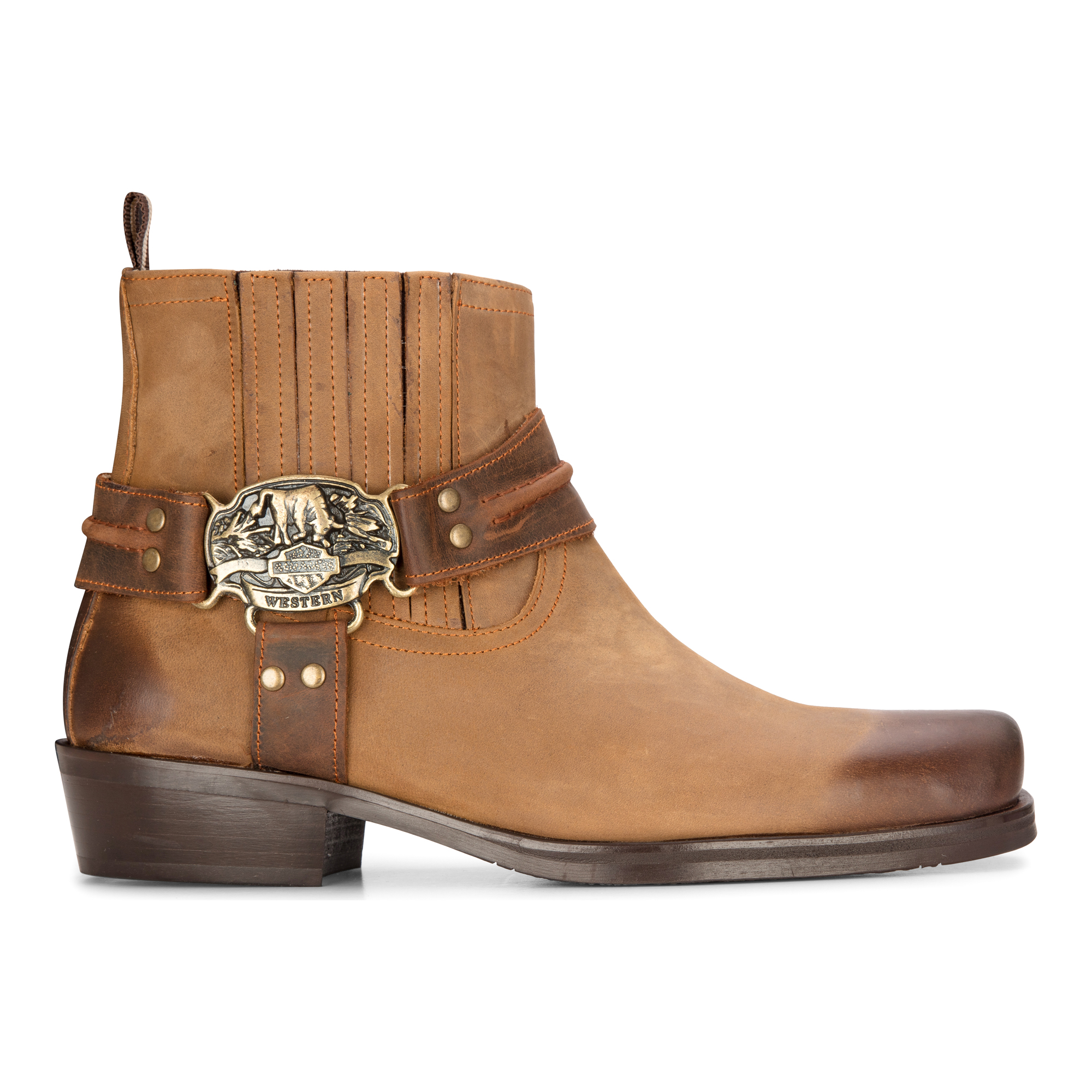 Herren-Cowboy-Stiefeletten aus Leder, braun-braun, Biker-Western-Jagdstiefel mit quadratischer Zehenpartie