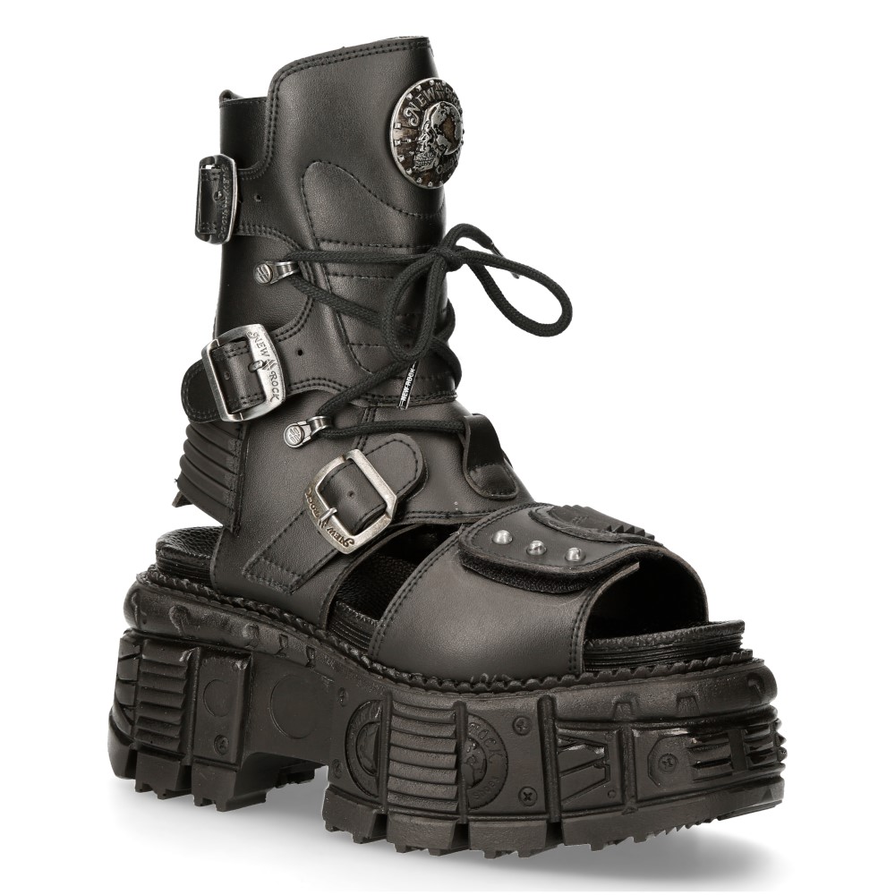 New Rock Unisex-Sandalenstiefel aus schwarzem veganem Leder – BIOS107-V1