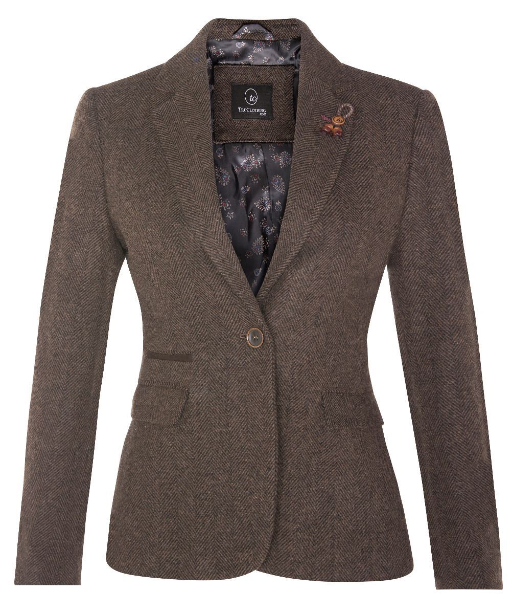 Brauner Tweed-Blazer im 1920er-Jahre-Stil mit Fischgrätenmuster für Damen Image