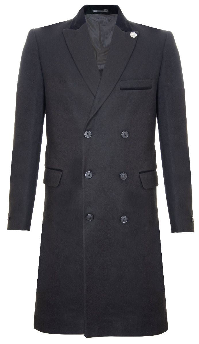 Herren 3/4 Schwarzer langer zweireihiger Crombie-Mantel Wollmantel Peaky Blinders