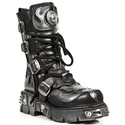 New Rock Flame Biker-Stiefel aus schwarzem/silbernem Leder mit Akzent – 107-S2 Image