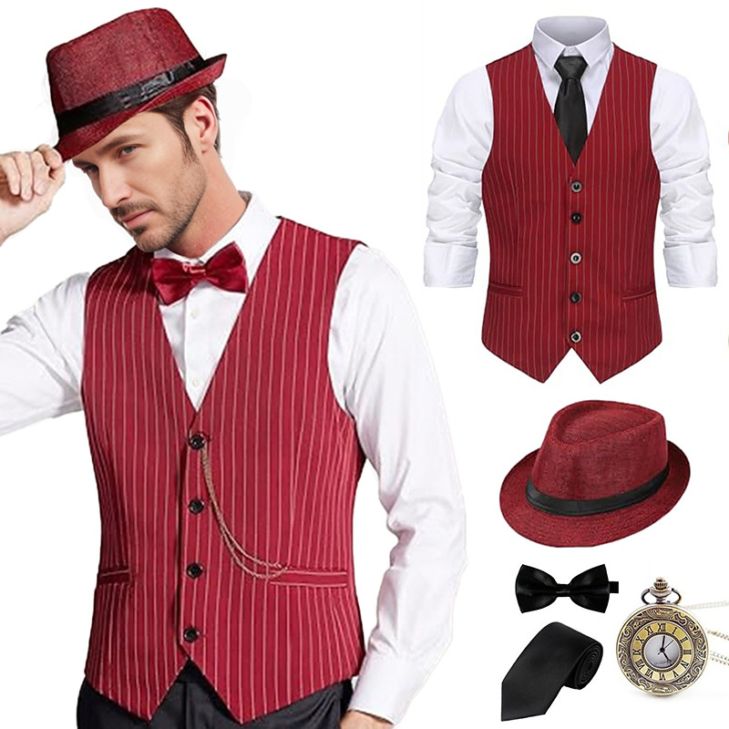 Retro Vintage Roaring 20s 1920s Outfits Waistcoat Accesories Set Gentleman Gangster Fancy Dress Men's Halloween Carnival New Year Carnival Party / Evening Masquerade Adults' Cravat Vest Hat All