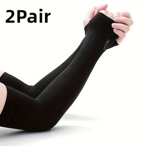 2 Paar lange, einfarbige Sonnenärmel, dünne, hochelastische, kühlende Armstulpen, Sommersportärmel zum Laufen, Angeln, Reiten Image