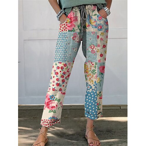 Damen Hosen Hose Gerade Streetwear Lässig Lang Hohe Taille Blumen Tasche Drucken Elastisches Kordelzugdesign Atmungsaktivität Weich Mikroelastisch Urlaub Straße Alltagskleidung Weiß Blau Grün Grau Image