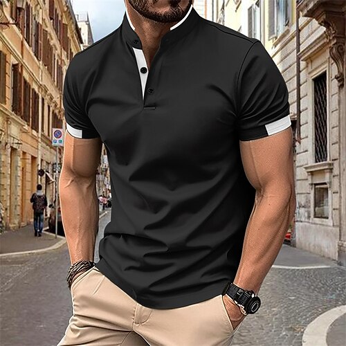 Herren Golfhemd Golfpolo Arbeit Casual Ständer Kurzarm Basic Modern Farbblock Patchwork Taste Frühling Sommer Regular Fit Schwarz Weiß Marinenblau Himmelblau Khaki Grau Golfhemd Image