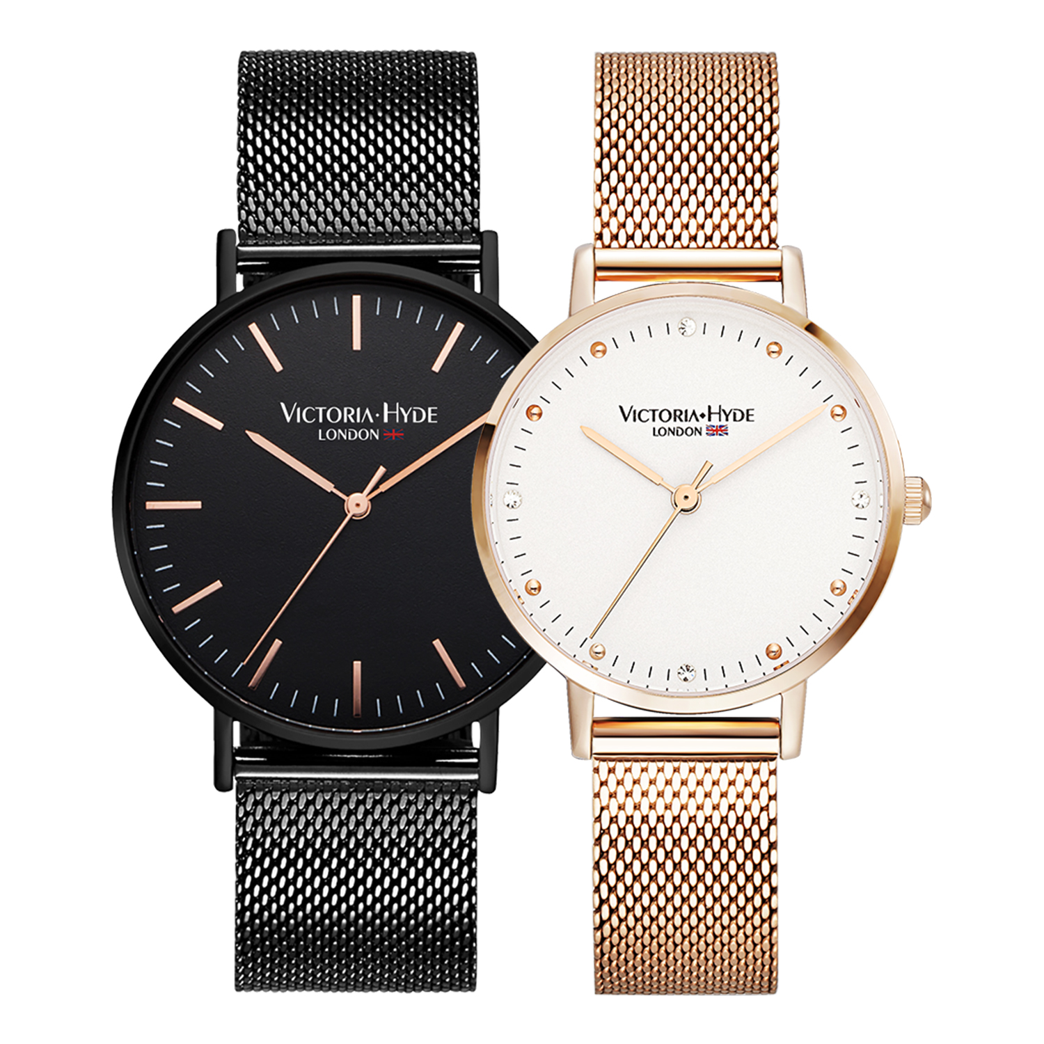 Victoria Hyde London Unisex Couple Watches Gift Set Black Rose Gold - Black & Rose Gold Stainless Steel - One Size