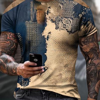 TEMU Men's Geometric Graphic Pattern And Paint Mark Neck And Short Sleeve T-shirt, Casual And Stylish Tops For Summer Outdoors And Sports Wear