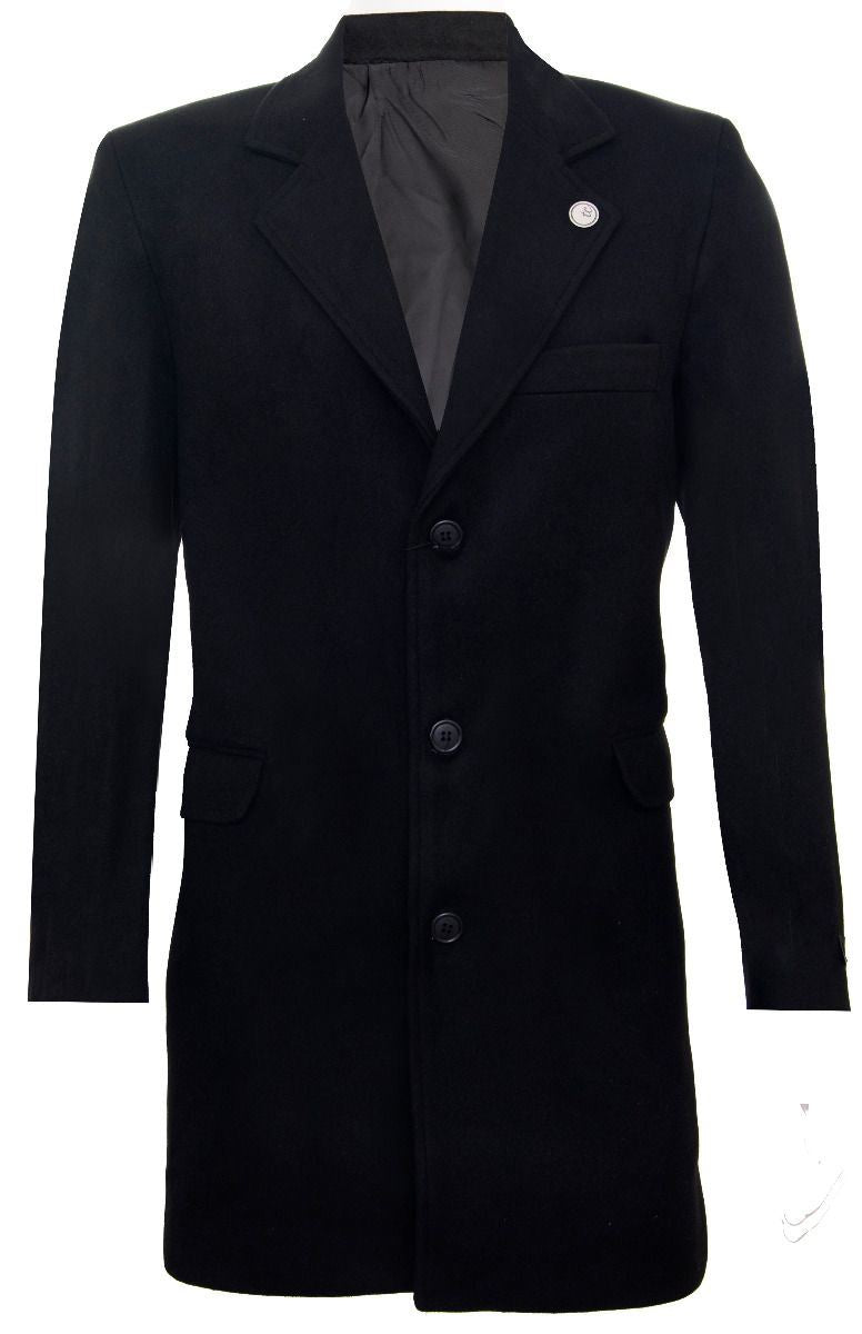 Langer Slim-Fit-Mantel aus schwarzer Wolle für Herren