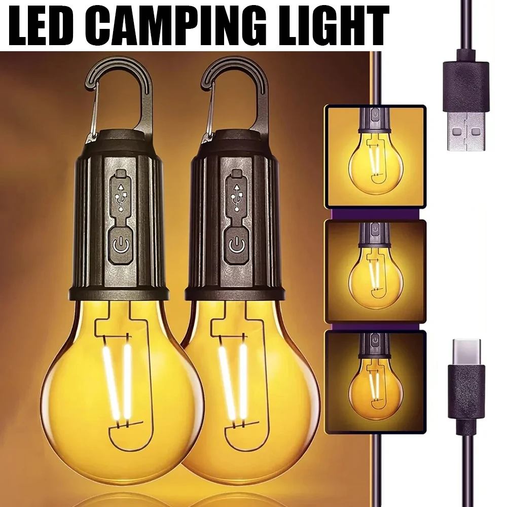 LED-Campingleuchten, USB wiederaufladbar, 3 Beleuchtungsmodi, dimmbare Vintage-Glühbirnen mit Haken, Outdoor-Camping, Wandern, Zelt, Laterne Image