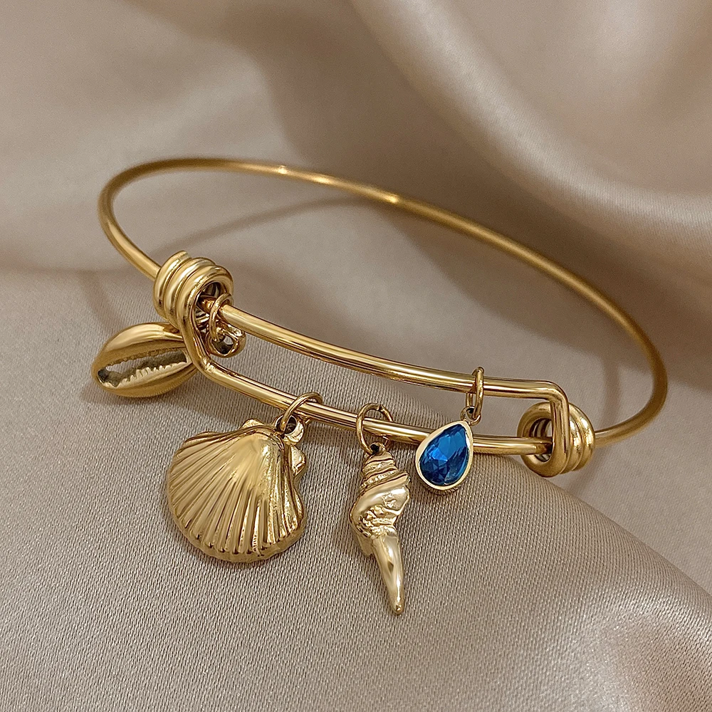 AENSOA Sommer Shell Conch Charm Anhänger Armreif für Frauen Edelstahl Einstellbare Armband Urlaub Strand Schmuck Pulsera Mujer