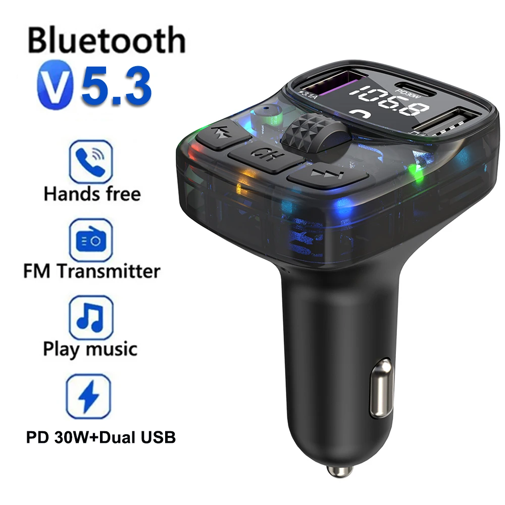 Auto FM Sender 30W PD Typ C Dual USB Schnelle Auto Ladung Umgebungs Licht Bluetooth 5,3 Freisprecheinrichtung MP3 Player Auto FM Modulator Image