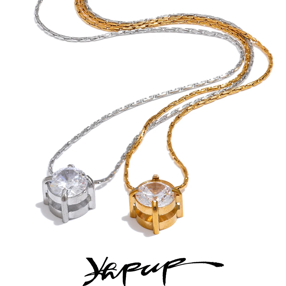 Yhpup Koreanischer Chic Edelstahl Glänzender Zirkonia Guss Zarter Halskettenanhänger für Frauen Täglicher wasserdichter Basic-Schmuck Image