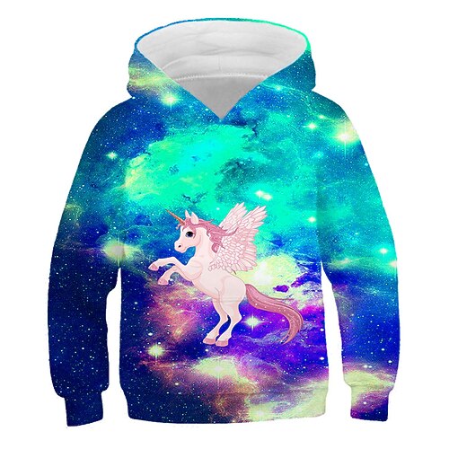 Mädchen 3D Galaxis Einhorn Kapuzenshirt Langarm 3D-Druck Frühling Herbst Winter Aktiv Strassenmode kinderkleidung 3-12 Jahre Outdoor Täglich Image