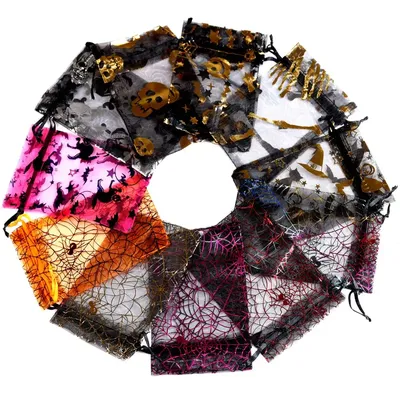 25pcs/lot Halloween Organza Bag Skull Bone Multi Color Printing Party Packaging Drawstring Pouch For