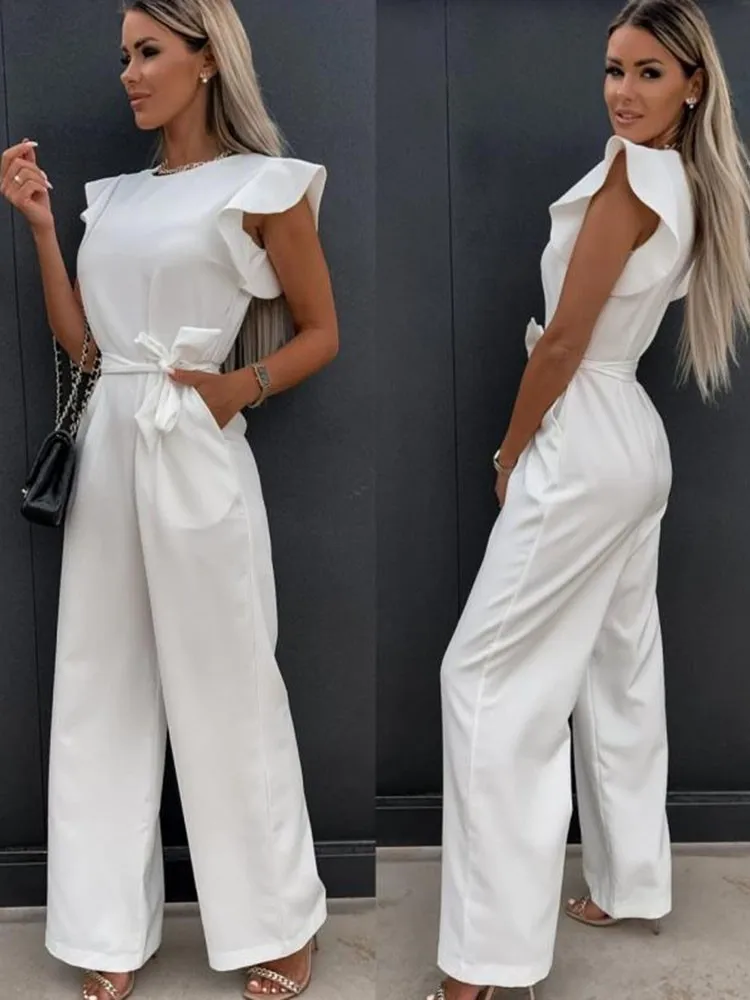 Elegante frauen Mode Weiß Schmetterling Hülse Overall Feste Beiläufige Oansatz Gürtel Breite Bein Overall Sommer Büro Dame Overalls