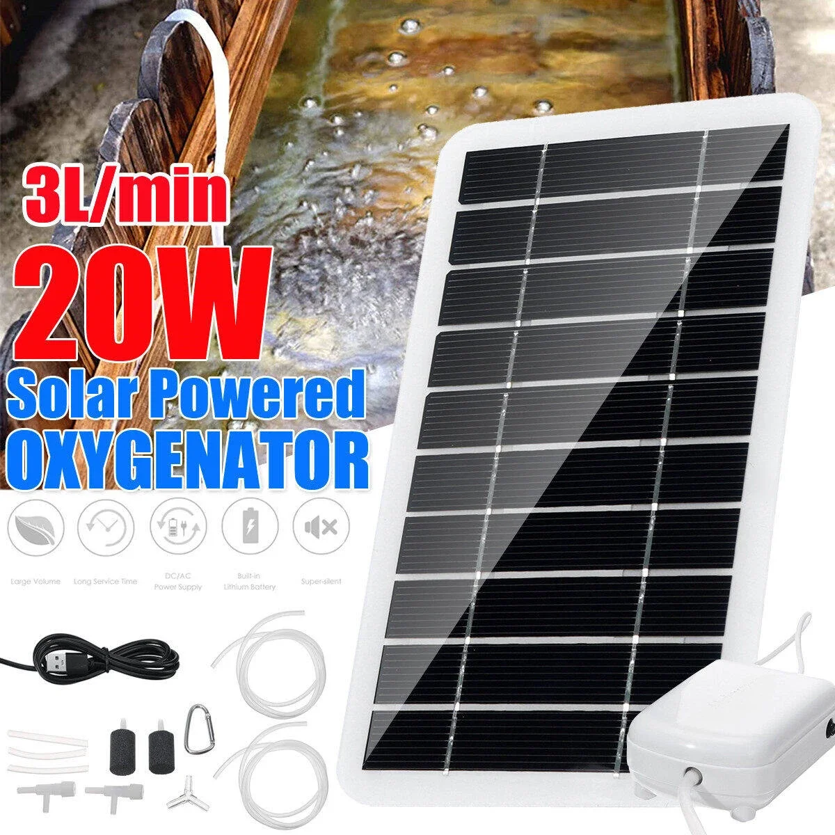 5V 20W Solar Power Oxygenator Wasser Sauerstoff Pumpe Teich Belüfter Aquarium Luftpumpe Solar Panel + Sauerstoff pumpe Set Für Aquarium Image