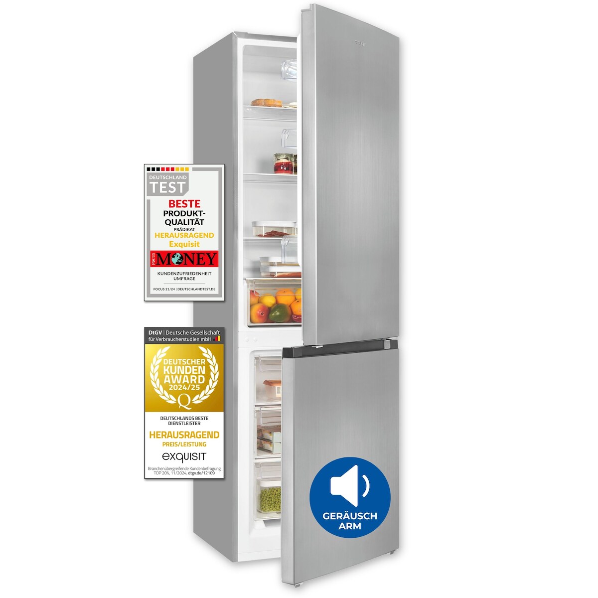 Exquisit Kühl-Gefrierkombination KGC5320-95-E-040C inoxlook | Nutzinhalt: 315 L | 4*-Gefrieren | Alarm-Funktion | 4 Glasablagen | Standgerät Image