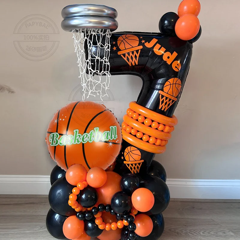 40-teiliges Schwarz-Orange Latex-Ballonset mit Schwarzer Zahlen-Basketball-Folienball für Geburtstags-Ballonparty-Dekorationen Sportthema Image